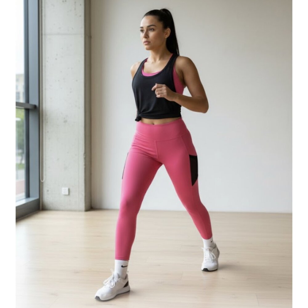 POP FIT Mesh Fishnet Pocket 7/8 Length Leggings in Pink Athleisure Gym Workout